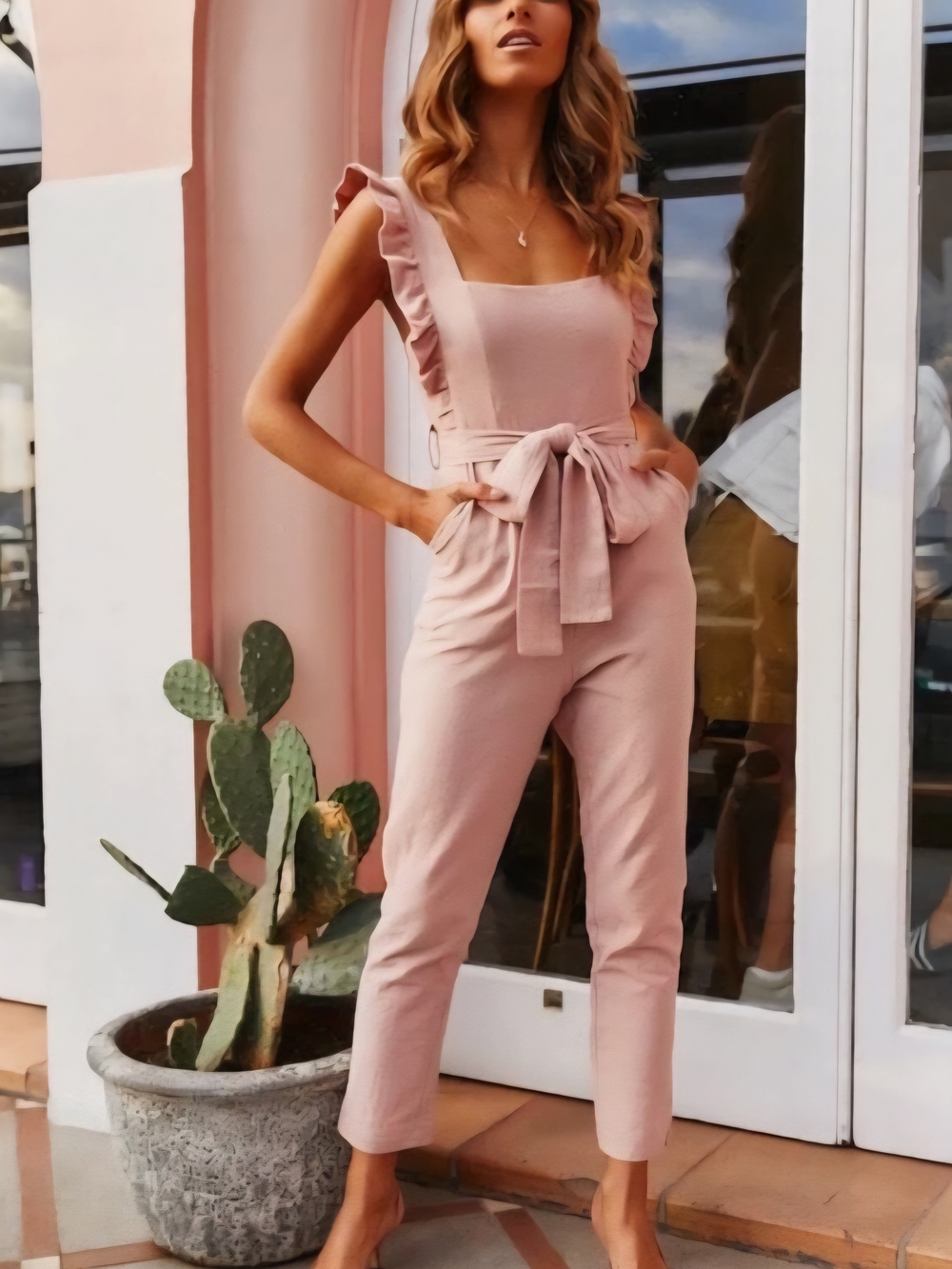 Ruffled Strap Tie-Waist Jumpsuit in Blush Pink
